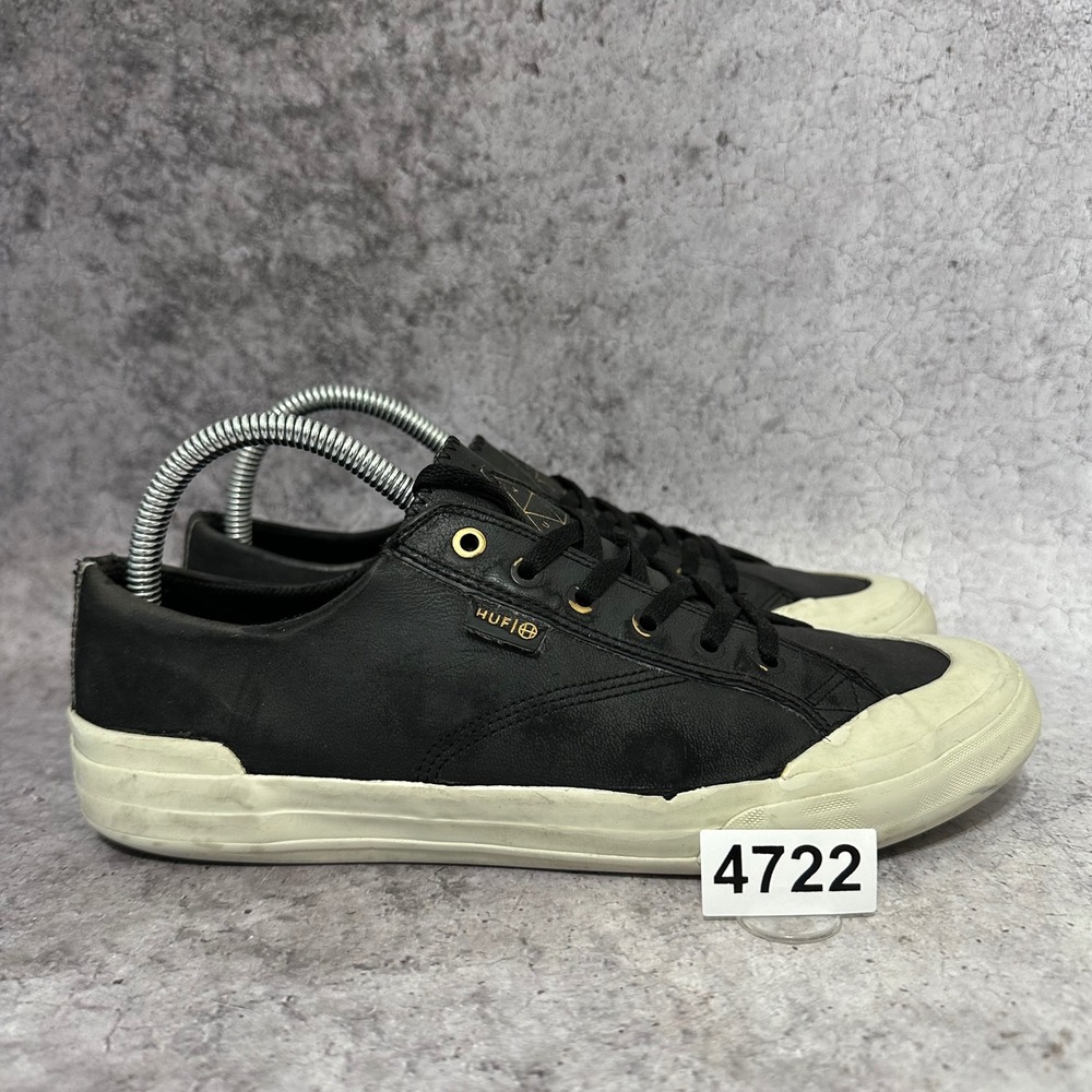 HUF Classic Lo Skate Shoes Mens 8 Black Leather Rubber Toe Cap Gold Eyelets 4722